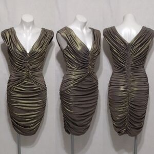 Tadashi Shoji Ruched Beaded Bodycon Cocktail Dress V-Neck Stretchy Glam Chic S